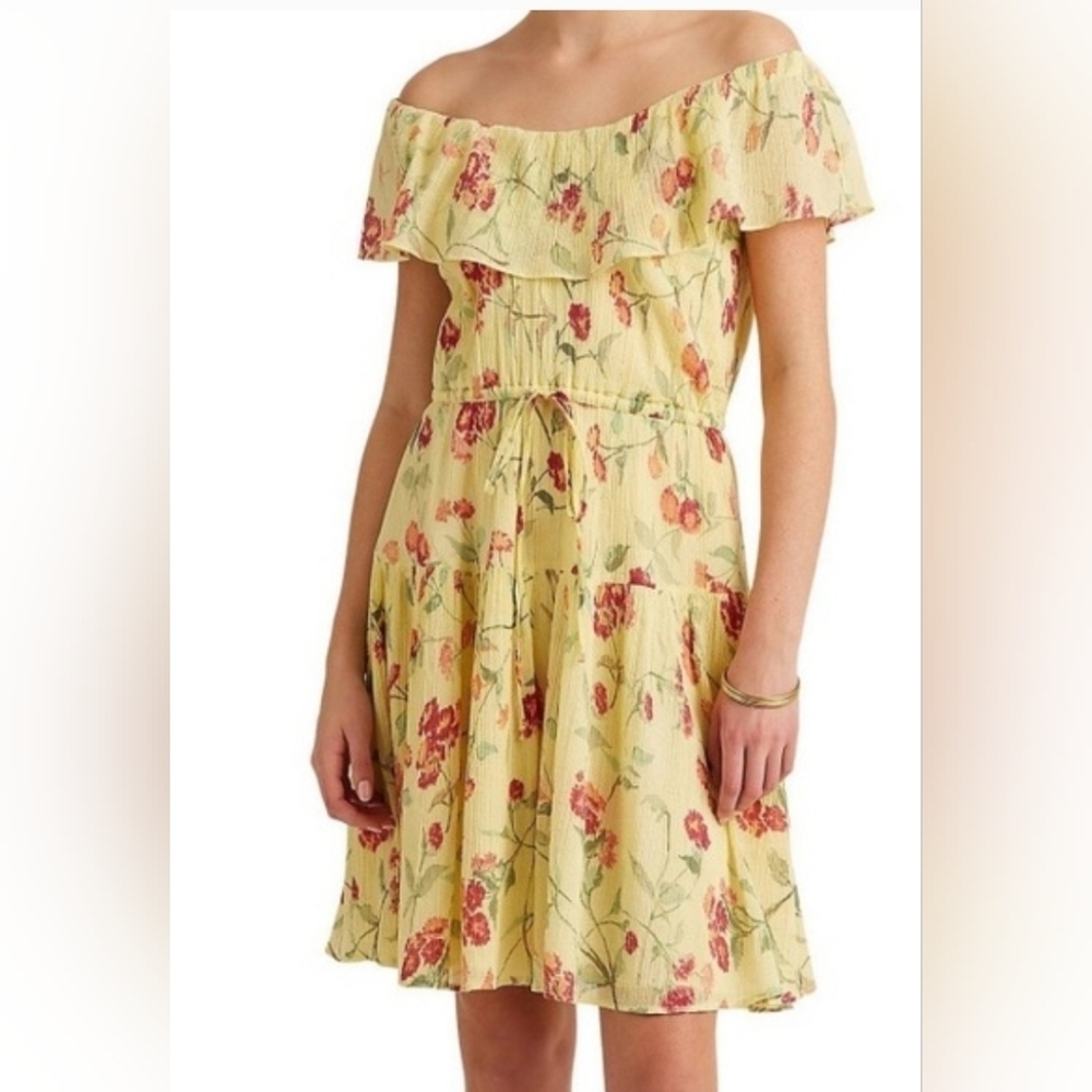 Ralph Lauren 100% Cotton Gauzy Floral Dress Size 16 Yellow Ruffle Off Shoulder